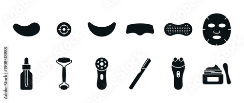 Set of black skincare and beauty icons featuring a sheet mask, face roller, serum, and eye patches for a daily routine, presented as minimalist glyphs for cosmetic concepts