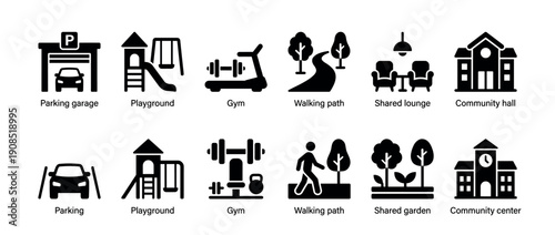 Black glyph icon set showing residential amenities like a parking garage, playground, gym, walking path, shared garden, and community center in a minimalist vector style