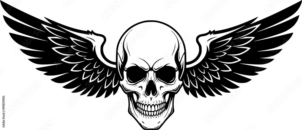 Fototapeta premium Skull With Wings | Black and White Vector illustration 