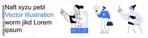 Business collaboration, teamwork, idea generation, professional discussion, creative solutions, workplace concepts. Three individuals pointing and innovating. Teamwork and idea generation stand out