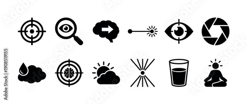 Set of black glyph icons representing focus, vision, mind, and technology concepts like a target, brain, eye, laser, and meditation, presented in a clean minimalist graphic style