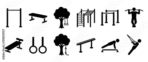 Set of black calisthenics and street workout icons showing various exercises and equipment like pull-up bars, parallel bars, and gymnastic rings for outdoor fitness training