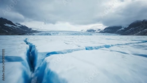 A stark, cold expanse of icy terrain stretches toward the horizon under a brooding sky, the ice riven by a deep crack. FPV drone perspective landscape animation
