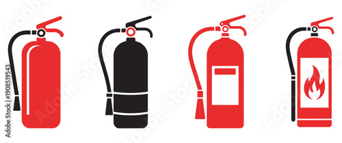 Fire extinguisher icon set, representing fire safety and firefighter equipment, clean vector design, suitable for emergency signage, industrial safety, workplace hazard illustration