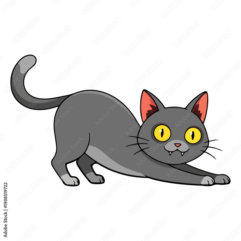 Obraz premium Cartoon Grey Cat Stretching Illustration Vector
