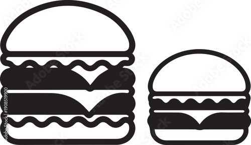 Hamburger icons set, black and white vector illustration of single burger and triple layer burger food symbol for menu design