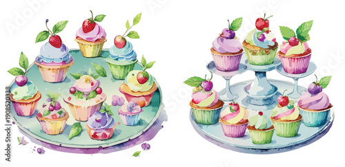 Easter Watercolor Cupcake Stand Clipart Set – Pastel Spring Dessert Illustration Collection