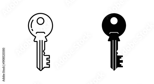 Black and White Key Outline and Solid Glyph Icons for Access, Security, and Important Solutions on a Clean White Background