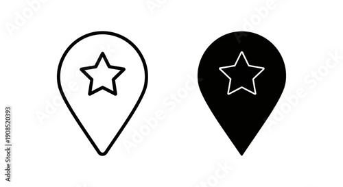 Favorite Location Pin with Star Outline and Solid Glyph Icons Marking Important Places and Top Destinations