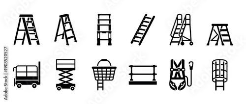 Collection of black silhouette icons representing ladders, scaffolding, and safety equipment for working at height, including stepladders, scissor lifts, and harnesses in a flat glyph style