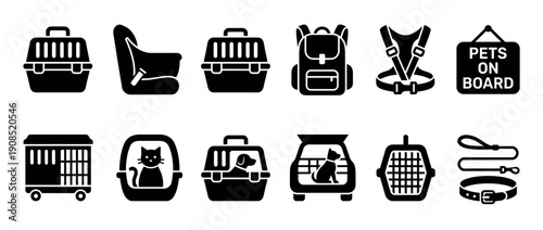 Black glyph icons for pet transportation featuring a carrier, crate, car seat, harness, leash, backpack, and a safety sign for traveling with dogs and cats