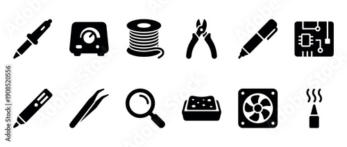 Set of black solid glyph icons for electronics repair and soldering, including a soldering iron, circuit board, tweezers, and magnifying glass, presented in a clean, minimalist style