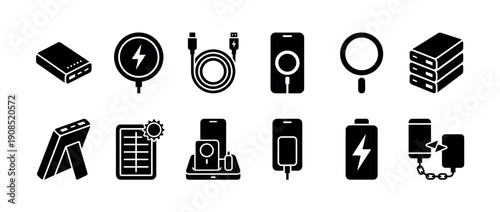 Set of black glyph icons showing various mobile charging devices and accessories, including power banks, wireless chargers, cables, and solar panels for smartphones and gadgets