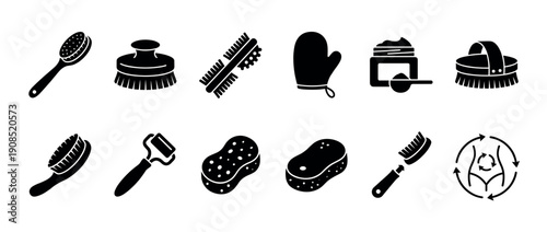 Collection of black glyph icons for anti-cellulite massage and body care procedures, including various dry brushes, sponges, a roller, a mitt, and cream for spa and wellness concepts