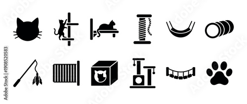 Collection of black cat accessory icons including a scratching post, play tunnel, cat tree, and paw print in a simple minimalist glyph style for pet care or veterinary themes