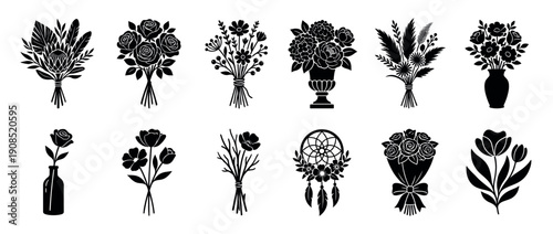 Large set of black floral silhouettes showing different bouquets, flower arrangements in vases, single roses, and a decorative dreamcatcher in a simple, elegant vector style