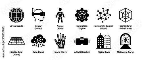 Collection of black glyph icons representing metaverse and virtual reality concepts like avatar, haptic glove, digital twin, and AR/VR headset in a minimalist infographic style