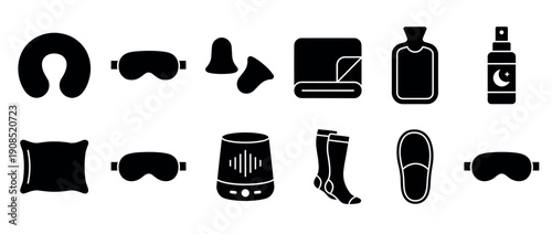 Black solid glyph icon set for healthy sleep and relaxation, featuring a travel pillow, eye mask, earplugs, blanket, hot water bottle, and other bedtime accessories