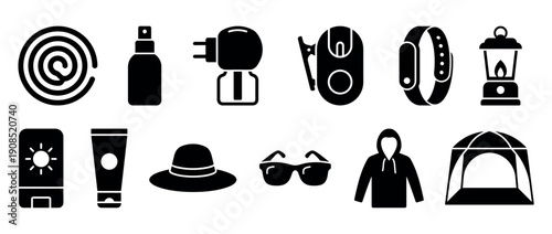 Collection of black glyph icons for camping and travel including a tent, lantern, sunscreen, hat, sunglasses, hoodie, repellent, and fitness tracker for outdoor adventure concepts
