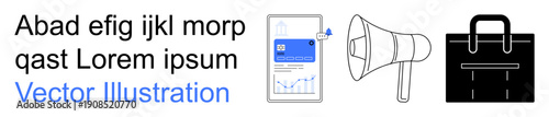 Digital marketing, business strategy, analytics, communication tools, corporate planning, and promotion. Megaphone, mobile phone with analytics and briefcase. Digital marketing and business strategy