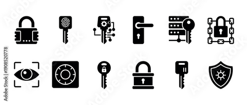 Collection of black security glyph icons representing various concepts like digital access, privacy, authentication, and protection, including padlocks, keys, and biometric scanners