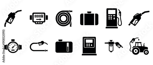 Set of black fuel and gasoline icons showing a pump, nozzle, tank, hose, and meter for refueling vehicles and machinery, presented as a collection of simple vector symbols