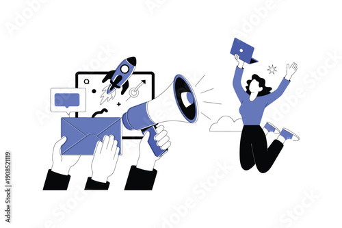 a woman jumps up and down while a man uses a megaphone to announce her success