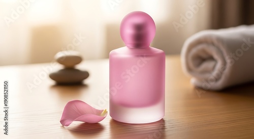 A pink perfume bottle with a rose petal on a wooden table in a spa