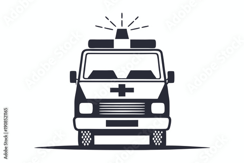 Monochrome Ambulance Car Icon with Siren Lights in Simple Line Art Style Isolated
