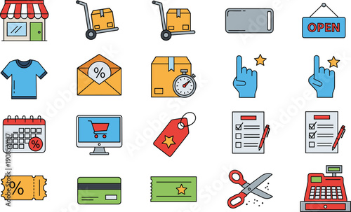 Retail shopping ecommerce discount and store interface vector icon set colorful outline illustration collection design