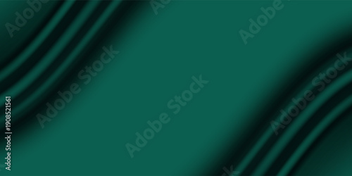 Dark teal emerald green silk satin. Shiny smooth fabric. Soft folds. Luxury background with space for design. web banner. Flat lay, top view table. Birthday, Christmas, Valentine, New year.
