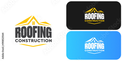 Roofing construction logo set with yellow house roof silhouettes, professional branding identity. Modern roofing construction logo collection featuring stylized yellow roof peaks and bold typography