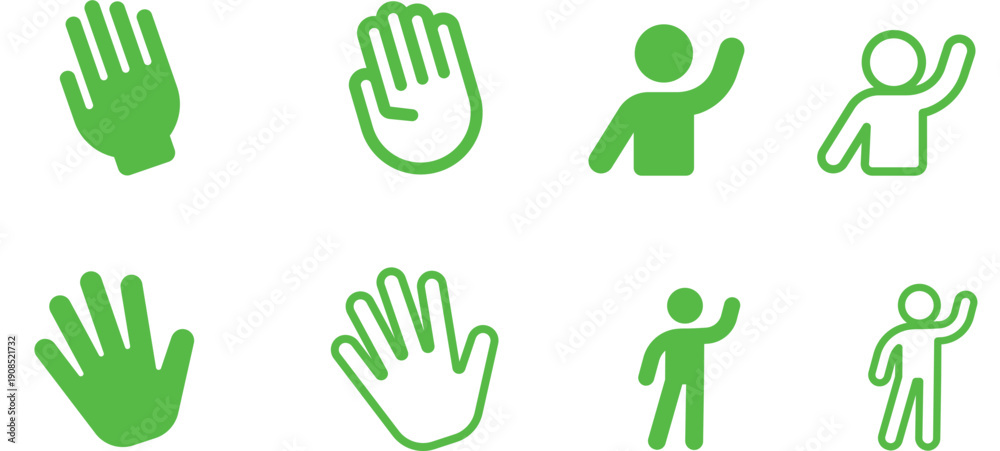 Fototapeta premium Green Waving Hand and Hello Gesture Icons Set