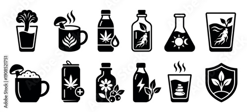 Collection of black glyph icons representing functional beverages, herbal supplements, and natural remedies like adaptogen mushrooms, ginseng root, and calming teas