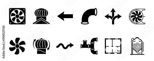 Collection of black HVAC system icons including fans, vents, pipes, and ductwork elements for engineering and architectural design, presented as a flat graphic symbol set