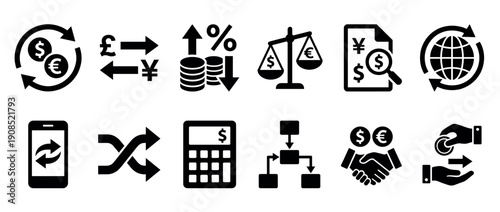 Set of black financial icons for currency exchange, global business, banking, and investment, featuring minimalist pictograms for transactions, rates, and mobile fintech