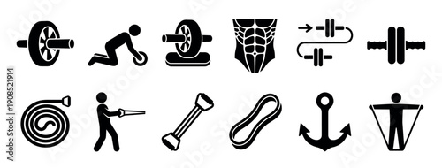 Black vector icon collection of gym equipment for abdominal and strength workouts, featuring an ab roller, battle rope, resistance bands, push-up bars, and exercise pictograms