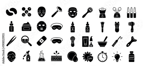 Large set of black glyph icons representing skincare, beauty treatments, and cosmetology procedures, including face masks, serum, cream, cleansing brushes, and rollers