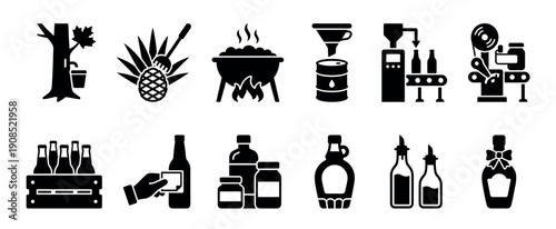 Black glyph icon set illustrating food production from harvesting agave and maple sap to cooking, bottling, and packaging various syrups, sauces, and beverages in a minimal silhouette style