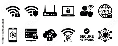 Collection of black secure network icons representing cybersecurity, VPN, data protection, and internet privacy concepts like routers, servers, and cloud computing