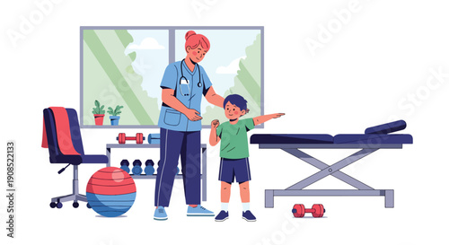 Flat vector illustration of physiotherapist guiding child exercises in rehab room, showing recovery, therapy, and professional healthcare support
