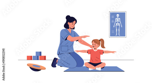 Flat vector illustration of physiotherapist guiding child exercises in rehab room, showing recovery, therapy, and professional healthcare support