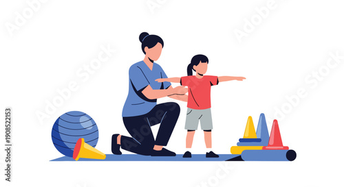 Flat vector illustration of physiotherapist guiding child exercises in rehab room, showing recovery, therapy, and professional healthcare support