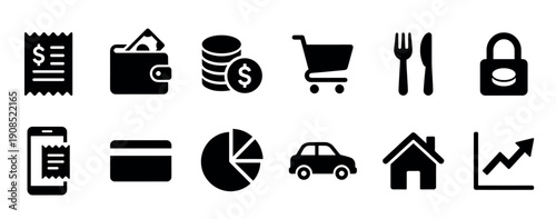Set of black solid finance icons representing personal expenses, budgeting, and spending, with symbols for receipt, wallet, shopping cart, credit card, house, and growth chart