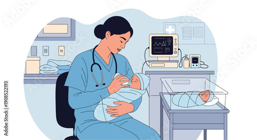 Modern flat vector illustration of nurse feeding infant in neonatal unit, showing gentle care, medical support, and early childhood healthcare