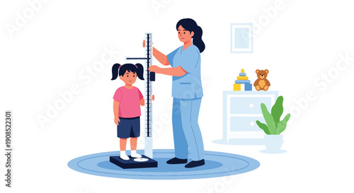 Flat vector illustration of nurse measuring child height and weight, showing routine checkup and healthy development monitoring
