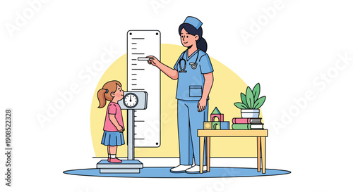 Flat vector illustration of nurse measuring child height and weight, showing routine checkup and healthy development monitoring