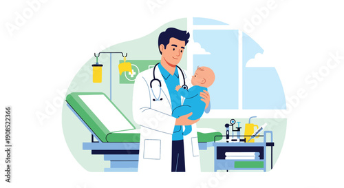 Modern flat vector illustration of doctor holding baby during examination, showing early childhood care and professional pediatric support