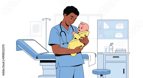 Modern flat vector illustration of doctor holding baby during examination, showing early childhood care and professional pediatric support