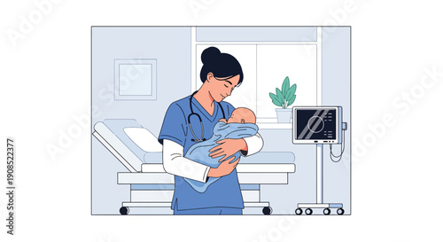 Modern flat vector illustration of doctor holding baby during examination, showing early childhood care and professional pediatric support